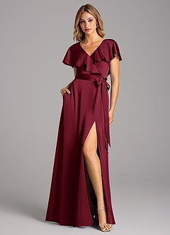 Azazie Lainey Bridesmaid Dresses Burgundy A-Line with Pockets Stretch Satin Dress image3