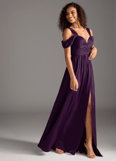 Azazie Lianne Bridesmaid Dresses Grape A-Line Off the Shoulder Stretch Satin Dress image6