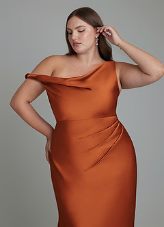 Azazie Emerson Bridesmaid Dresses Cinnamon Mermaid Off the Shoulder Stretch Satin Dress image12