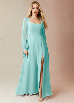 Azazie Leonia Bridesmaid Dresses Aqua A-Line Long Sleeve Chiffon Dress image3