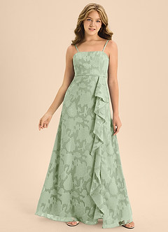 Azazie Kaylee Junior Dusty Sage A-Line with Belt Floral Burnout Dress image4