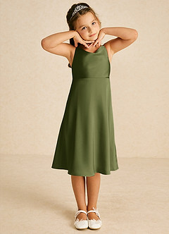 Azazie Zuzu Flower Girl Dresses Olive A-Line Spaghetti Strap Stretch Satin Dress image1