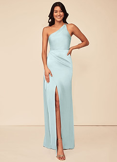 Azazie Maron Bridesmaid Dresses Sea Glass A-Line One Shoulder Stretch Satin Dress image1