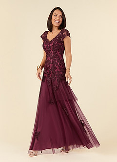 Azazie Romy Abiti per la Madre della Sposa Abito Sirena in Tulle con Scollo a V e Paillettes Cabernet Mulberry image3