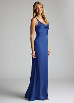 Azazie Elida Bridesmaid Dresses Royal Blue Sheath Pleated Stretch Satin Dress image3
