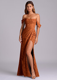 Azazie Johana Bridesmaid Dresses Burnt Orange Mermaid Off the Shoulder Floral Burnout Convertible Dress image4