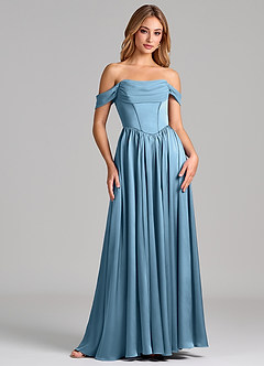 Azazie Raisa Jurken voor bruidsmeisjes Jurk van Stretch Satijn met A-Lijn Off the Shoulder Staal Blauw image4