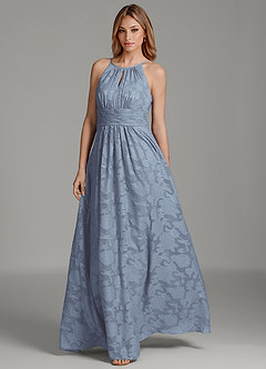 Azazie Bonnie At-home Try On Dresses Dusty Blue A-Line Pleated Floral Burnout Dress image3