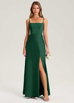 Azazie Lidia Bridesmaid Dresses Dark Green Mermaid Side Slit Stretch Satin Dress image4