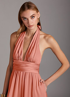 Azazie Oli Bridesmaid Dresses Coral Pleated Stretch Satin Jumpsuit image6