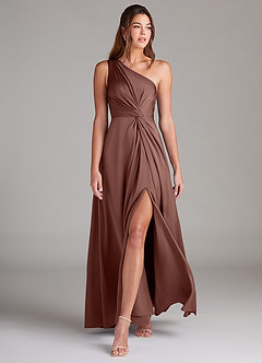 Azazie Brooke Bridesmaid Dresses Espresso A-Line One Shoulder Stretch Satin Dress image9