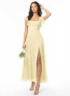 Azazie Bondi Robes de demoiselle d'honneur Robe Trapèze en Mousseline de soie Rayé Sorbet Citron image1