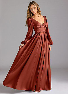 Azazie Norah Robes de demoiselle d'honneur Robe Trapèze en Satin extensible Terracotta image3