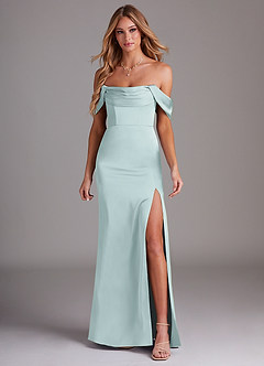 Azazie Saige Bridesmaid Dresses Mist Sheath Off the Shoulder Stretch Satin Dress image3