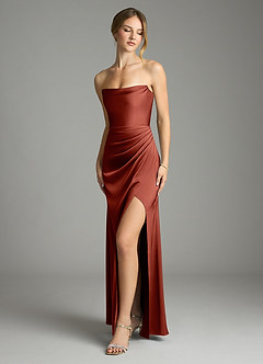 Azazie Leonis Bridesmaid Dresses Terracotta Mermaid Pleated Stretch Satin Convertible Dress image1