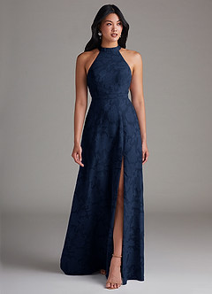 Azazie Clarice Bridesmaid Dresses Dark Navy A-Line Side Slit Floral Burnout Dress image1