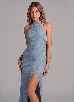 Azazie Jemma 신부 들러리 드레스 A라인 주름진 플로럴 번아웃 바닥 길이 드레스 image2