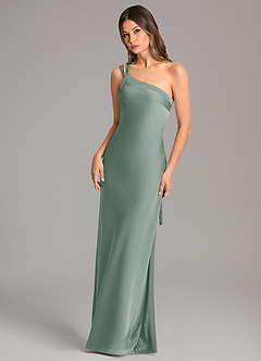 Azazie Monroe Bridesmaid Dresses Silver Sage Mermaid One Shoulder Stretch Satin Dress image3
