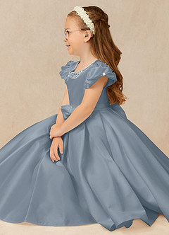 Azazie Jewel vestidos de niña de las flores Vestido de Azul Polvoriento de Satin Mate de Princesa con Plisado image3