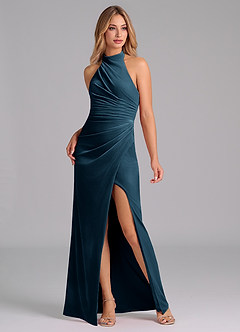 Azazie Jemma Robes de demoiselle d'honneur Robe Fourreau en velours Plissée Topaze Bleue image6