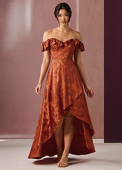 fitted lace wedding dress BABARONI Illusion Neck Lace and Chiffon Maxi Gowns-Rust, Rust / US0 main image 0
