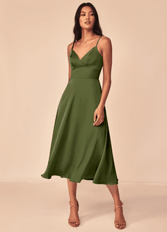 Azazie Dottie Robes de demoiselle d'honneur Robe Trapèze en Satin extensible Olive image3