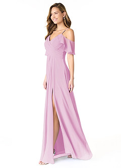 Azazie Dakota Vestidos de damas de honor Vestido de Rosa Caramelo de Gasa de Corte en A con Cuello en V plisado image3