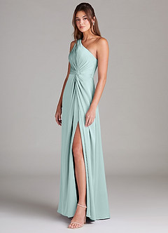 Azazie Brooke Bridesmaid Dresses Sea Glass A-Line One Shoulder Stretch Satin Dress image5
