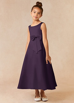Azazie Lindy Flower Girl Dresses Plum A-Line Pleated Matte Satin Dress image3
