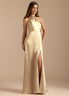 Azazie Tracie Bridesmaid Dresses Gold A-Line Pleated Metallic Satin Dress image5
