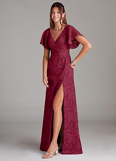 Azazie Ambrosia Brautjungfernkleider A-Linie Plissee Blumen-Burnout Kleid Burgunderrot image4
