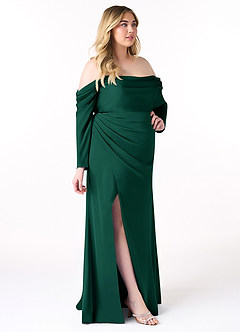 Azazie Hallie Bridesmaid Dresses Emerald Sheath Off-The-Shoulder Long Sleeve Stretch Satin Convertible Dress image11