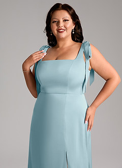 Azazie Frostine Bridesmaid Dresses Moody Blue A-Line Bow Stretch Satin Dress image12