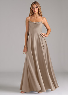 Azazie Elle Bridesmaid Dresses Taupe A-Line Pleated Stretch Satin Dress image1