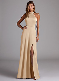 Azazie Myra Bridesmaid Dresses Champagne A-Line Side Slit Stretch Satin Dress image1