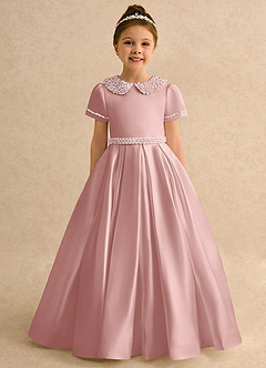Azazie Gabriella Flower Girl Dresses Rose Gold Ball-Gown with Sleeves Matte Satin Dress image4