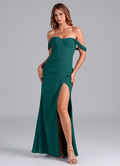 Azazie Asha Bridesmaid Dresses Peacock Sheath Off the Shoulder Chiffon Convertible Dress image1