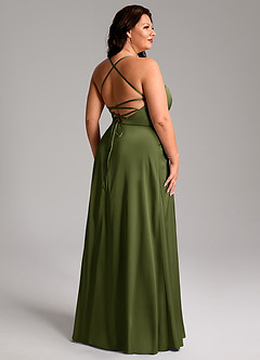 Azazie Mei Brautjungfernkleider A-Linie V-Hals Stretch-Satin Kleid Olivgrün image11