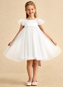 Azazie Munchkin Flower Girl Dresses Ivory Burgundy A-Line Bow Tulle Dress image2