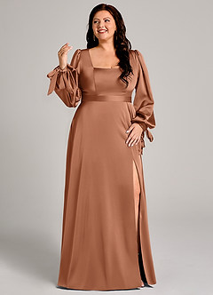 Azazie Leonia Vestidos de damas de honor Vestido de Bronceador de Satén Elástico de Corte en A con Manga larga image10