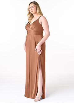 Azazie Aqua Bridesmaid Dresses Bronzer A-Line V-Neck Pleated Stretch Satin Dress image10