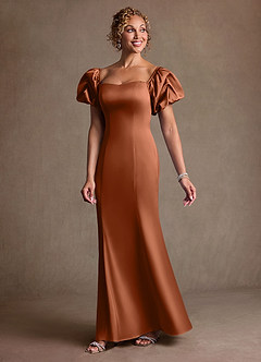 Azazie Redding Mother of the Bride Dresses Copper Sheath Ruched Stretch Satin Dress image3