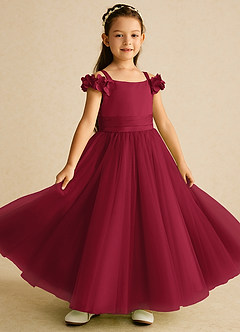 Azazie Jujube Flower Girl Dresses Burgundy A-Line Beaded Tulle Dress image2