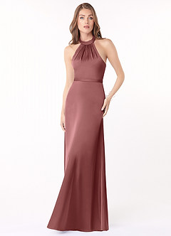 Azazie Delmar Final Sale Amethyst A-Line Halter Bow Stretch Satin Dress image1