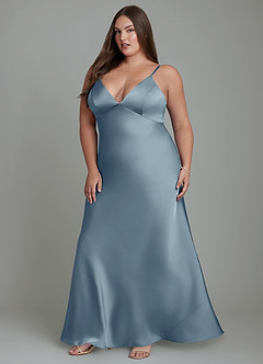 Azazie Stefania Vestidos de damas de honor Vestido Azul Polvoriento de Satén Elástico de Línea A image12