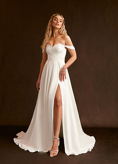 Azazie Joya Wedding Dresses Diamond White A-Line Off the Shoulder Crepe Back Satin Dress image3