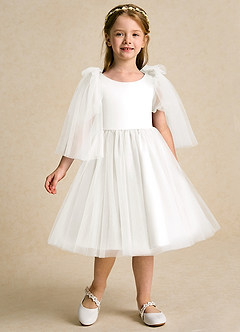 Azazie Duchess Robe Demoiselle D'honneur Fillette Robe Trapèze en Tulle avec manches Ivoire image5
