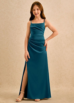Azazie Cannoli Girls Formal Flower Girl Dresses Ink Blue A-Line Pleated Stretch Satin Dress image3