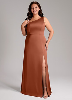 Azazie Phaedra Bridesmaid Dresses Cedar Rose A-Line One Shoulder Stretch Satin Dress image8