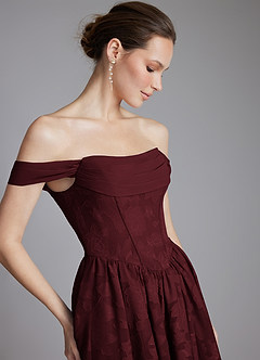 Azazie Raisa Bridesmaid Dresses Cabernet A-Line Off the Shoulder Floral Burnout Dress image5
